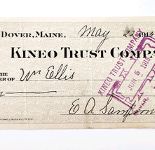 1915 Kineo Trust Company Bank Check E.A. Sampson Dover Maine Signed 7076... - $369.57 MXN