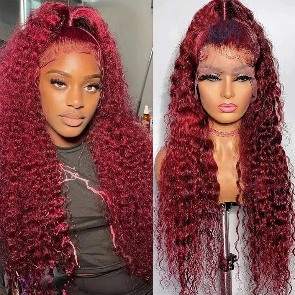 13x6 99J Red Lace Front Human Hair Wigs Colored Deep Wave Burgundy 13 - £59.84 GBP+