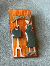 Woman in Green Dress w Orange Background Fall Season Pins by Lucinda Pin... - $14.89