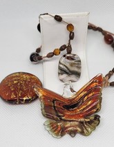 Vintage Lot Murano Glass Gold Red Orange  Butterfly Pendant  Amber Color Round - £13.19 GBP