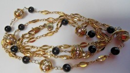 Vintage J Crew Long Black Ball &amp; Clear Crystal Chain Necklace 32&quot; W/J Crew Pouch - £22.50 GBP