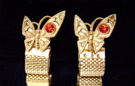 Vintage Butterfly Cuff links Gold Mesh Red Rhinestone Box Wraparound Cufflinks - £19.65 GBP