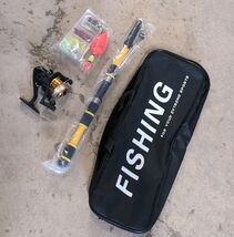 Portable Fishing Set Yellow Black Rod Reel Lures Tackle Bag Starter Kit - $29.69