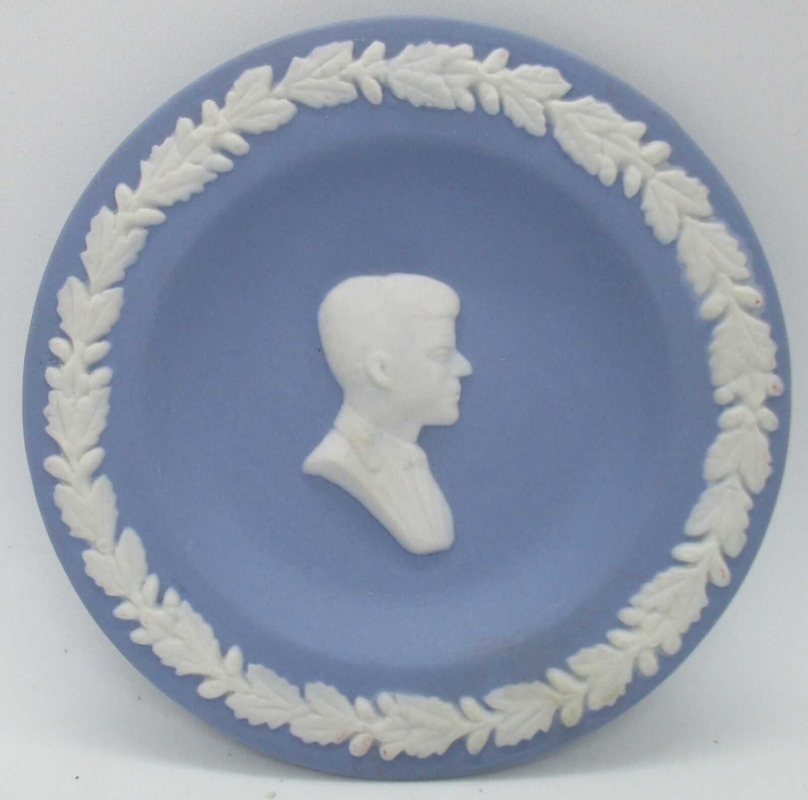 Vintage Wedgwood Jasperware White on Blue John F. Kennedy Round Trinket Dish  - $14.85