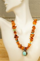 Artisan Jewelry Peyote Bird Amber Bead &amp; Turquoise Silver Pendant Neckla... - $123.74