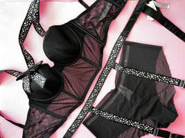 Victoria&#39;s Secret longline 36C BRA SET+garter belt+panty crystallized satin bow - £93.85 GBP