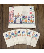 Vintage Folk-Art Cross Stitch Embroidered Linen Tablecloth &amp; Napkins 68&quot;... - $1,383.96 MXN