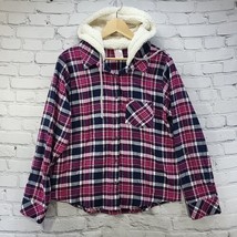 No Boundaries Flannel Top Juniors L 11/13 Pink Plaid Sherpa Hooded Button NWT - £15.68 GBP