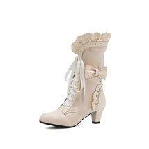 Vintage High Heel Boots Women Steampunk Women Cute Faux Suede Bow Lace Up Bootie - £56.62 GBP