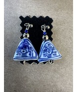Vintage Blue White Asian Ying Yang Influence Dangle Pierced Earrings - $18.66