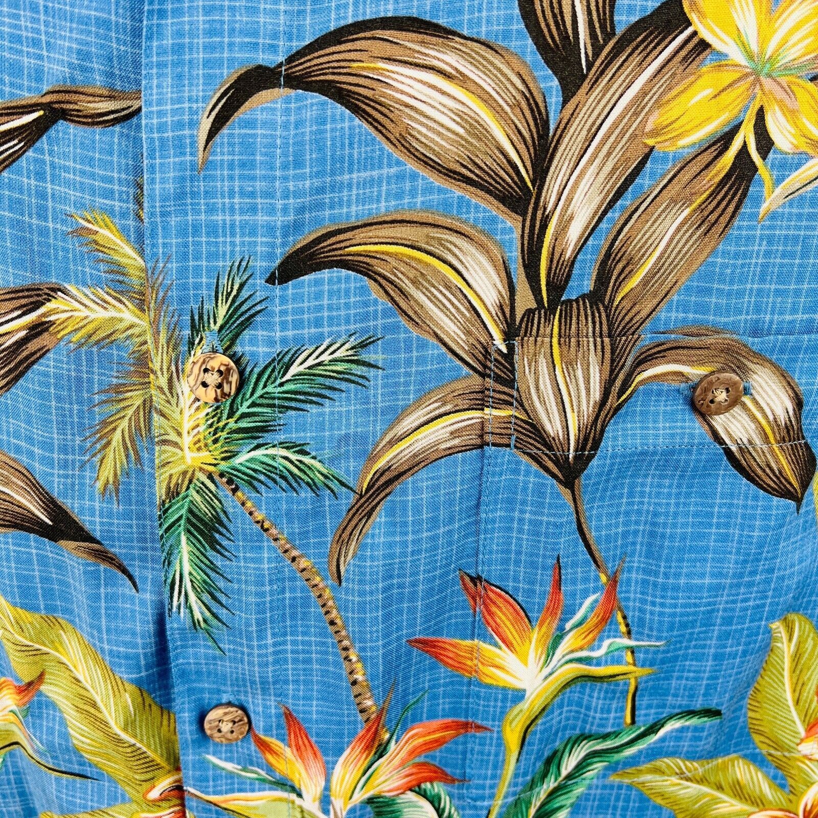 Campia Moda Hawaiian Aloha XL Shirt Hibiscus Flowers Palm Trees Plumeria Blue Item image 6