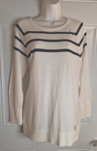 Nautica Cream White/Black Stripe Raglan Sleeve Pullover Light Knit Sweater Large - £7.45 GBP