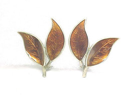 David Andersen Norway Vintage Sterling Enameled Copper Leaf Clip-on Earrings - £68.15 GBP