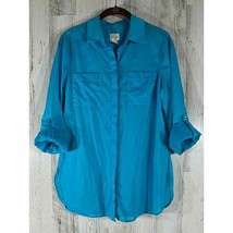 Chicos Button Up Shirt Size 0 Small Turquoise Sheer Rolltab Sleeve Placket READ - £15.54 GBP