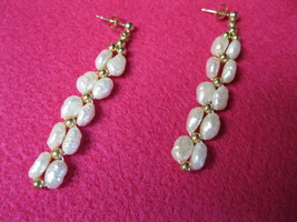 14K Yellow Gold Beaded And White Freshwater Pearls Double Strand Dangle Earrings - £67.94 GBP