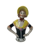 Antique Germany Half Doll Pin Cushion Topper Yellow Bonnet Shawl Porcela... - $764.26 MXN