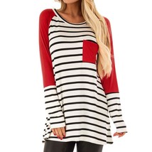 Women Stripe Printing Pocket Shirt Long Sleeve Casual Shirt Tops Blouse - £16.63 GBP