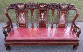 Carved Wood Sofa Chinese Mother of Pearl Inlay Royal Palace Couch - $1,100.00