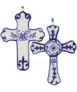 KURT ADLER SET OF 2  PORCELAIN DELFT BLUE CROSS CHRISTMAS ORNAMENTS J7314 - $23.52 CAD