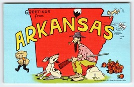 Greetings From Arkansas Hillbilly Rifle Dog Hot Springs Postcard Map Linen Kropp - £12.69 GBP