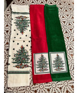 3 Spode Christmas Tree Hand Kitchen Towels Red Green Applique White Trad... - $42.75