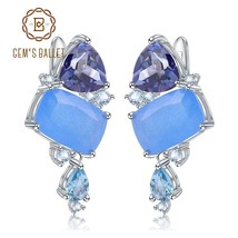 GEM&#39;S BALLET Natural Aqua blue Calcedony Earrings 925 Sterling Silver Colorful M - £56.90 GBP