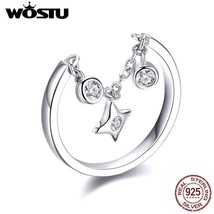 WOSTU Bright Star Ring 925 Sterling Silver Clear CZ Chain Link Crystals Adjustab - $18.01