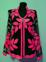 V Neck Pink Zipper Short Genuine Leather Leaf Jacket Womens All Colors S... - $225.00