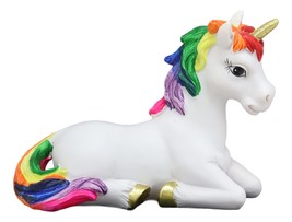 Beautiful Rainbow Mane Gold Horn Unicorn Mare Horse Sitting In Repose Figurine - £15.41 GBP