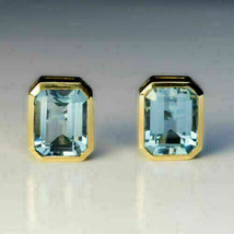 3Ct Simulated Emerald Cut Aquamarine Push Back Earring 14K Yellow Gold Plated - £62.93 GBP