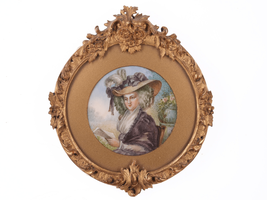 c1870 French Antique Miniature painting in carved wood frame - $291.56