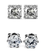 2 PAIRS CZ CLEAR ROUND+SQUARE MAGNETIC EARRINGS STUDS EAR BONE CUFF Men ... - £9.28 GBP+