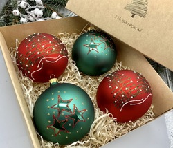 Set of red and green Christmas glass balls, hand painted ornaments with box - $56.25