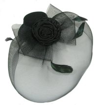 Black Hat Fascinator with Satin Rose &amp; Mesh Bow &amp; Net with Feather Detail on Cli - £8.95 GBP