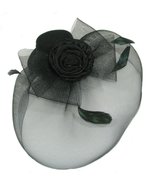 Black Hat Fascinator with Satin Rose &amp; Mesh Bow &amp; Net with Feather Detai... - £8.85 GBP