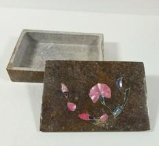 Soapstone Trinket Box Vintage Pink Decorative Floral Inlay Jewelry Brown India - £9.59 GBP