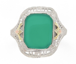 10k White Gold Filigree Ring with Genuine Natural Green Onyx w/ Accents ... - £441.19 GBP