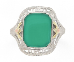10k White Gold Filigree Ring with Genuine Natural Green Onyx w/ Accents (#J6598) - $791.93 CAD