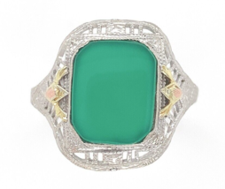 10k White Gold Filigree Ring with Genuine Natural Green Onyx w/ Accents ... - $564.30