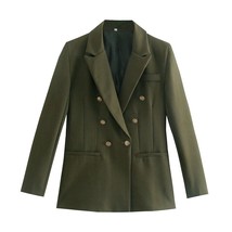 T MODA Women 2022 Fashion Golden Buttons ArmyGreen Blazer Coat Vintage Double Br - £116.25 GBP