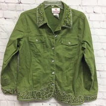Quacker Factory Womens Denim Jacket Green Buttons Stretch Collar Rhinestones M - £15.25 GBP