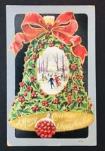 Antique Merry Christmas Happy New Year Greeting Card Holly Berry Bell 1912 - £14.84 GBP