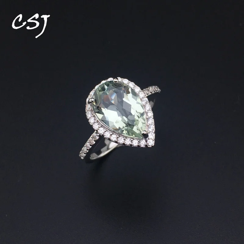 CSJ Green Amethyst Rings  925 Silver  Gemstone Pear 8*12mm Women Lady Wedding En - £50.07 GBP