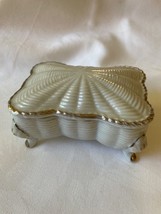 Ucagco Japan Covered Trinket Box w Gold accents iridescent white Footed - £15.05 GBP