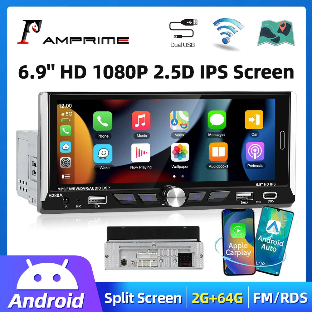 AMPrime 1 Din 6.9&quot; Android Car Radio Carplay Android Auto 2G+64G Multimedia - £64.33 GBP+