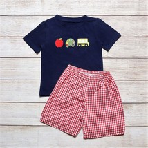 NEW Boutique Back to School Embroidered Apple Bus Boys Shorts Outfit Set - £10.65 GBP