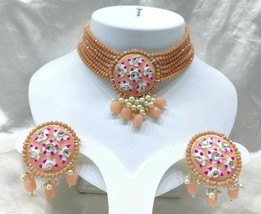 Bollywood Indian Gold Plated Jewelry Kundan Choker Peach Necklace Enameled Set - £21.53 GBP