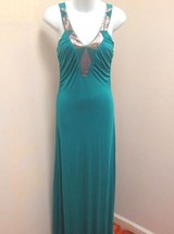 Avaleigh S Maxi Dress Teal Grecian Goddess Tall Metallic Sequin Beads Sleeveless - £13.88 GBP