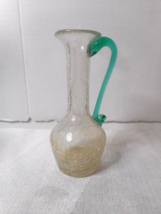 Crackle Glass Bud Vase Clear w Green Applied Swirl Handle 6 Inches Tall - £16.35 GBP
