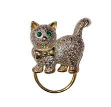 Vintage Cat Brooch Green Crystal Eyes Eyeglass or Scarf Loop Silver Gold - £9.84 GBP